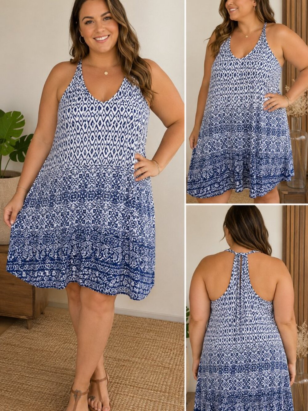 Pacific Beach Plus Size 2X Blue & White Boho Sleeveless Swing Dress